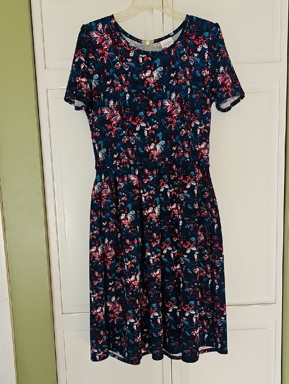 LuLaRoe Amelia Size L Teal Floral Fit And Flare Midi Dress with Pink Accents